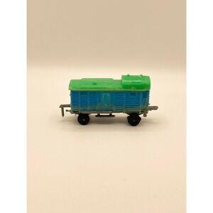 SHACKMAN Vintage Plastic Toy Lot Blue Green Train Car, Tan Castle Wall Playset